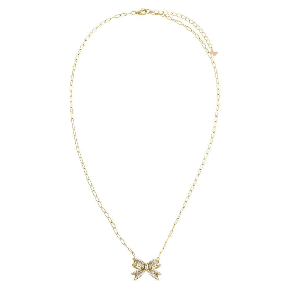 Pave X Baguette Mini Bow Tie Link Necklace