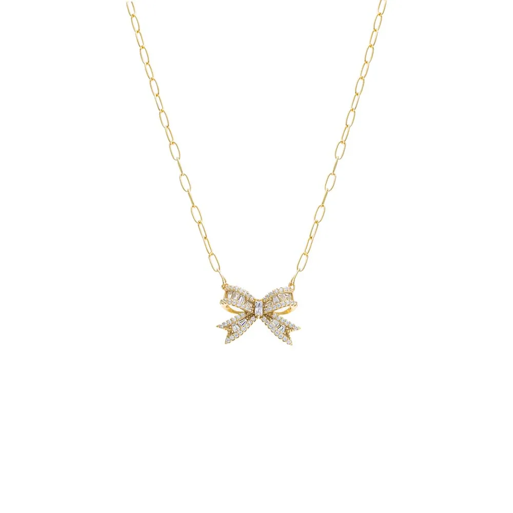Pave X Baguette Mini Bow Tie Link Necklace