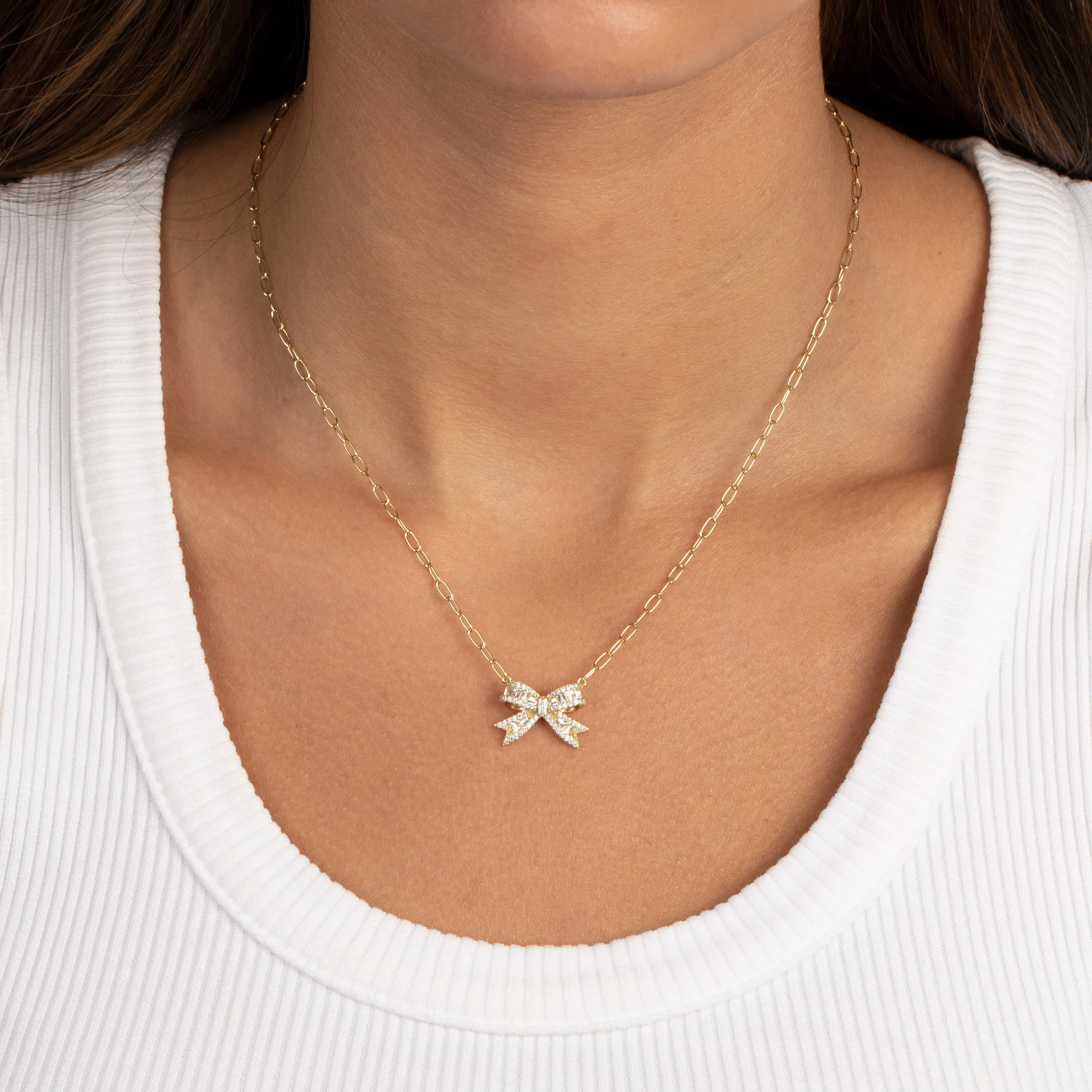 Pave X Baguette Mini Bow Tie Link Necklace