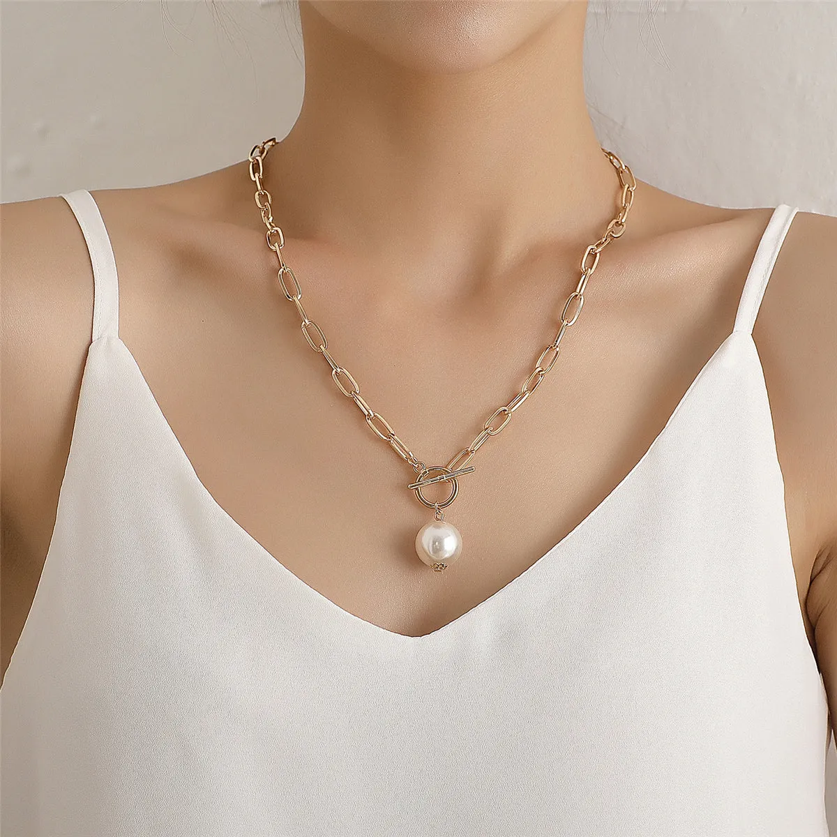 Pearl & 18K Gold-Plated Toggle Chain Pendant Necklace