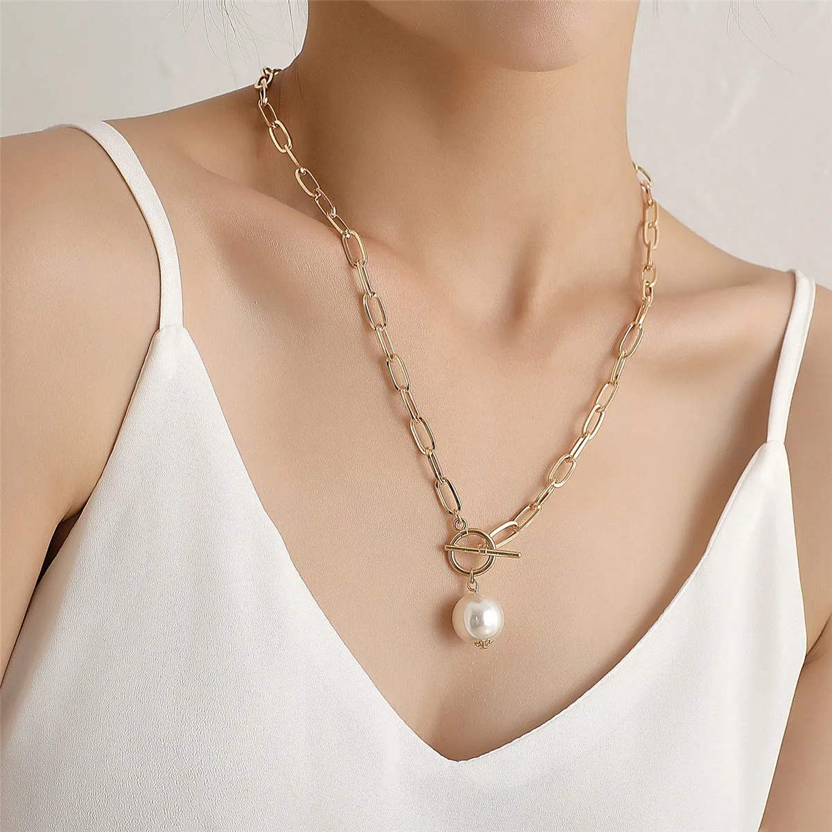Pearl & 18K Gold-Plated Toggle Chain Pendant Necklace