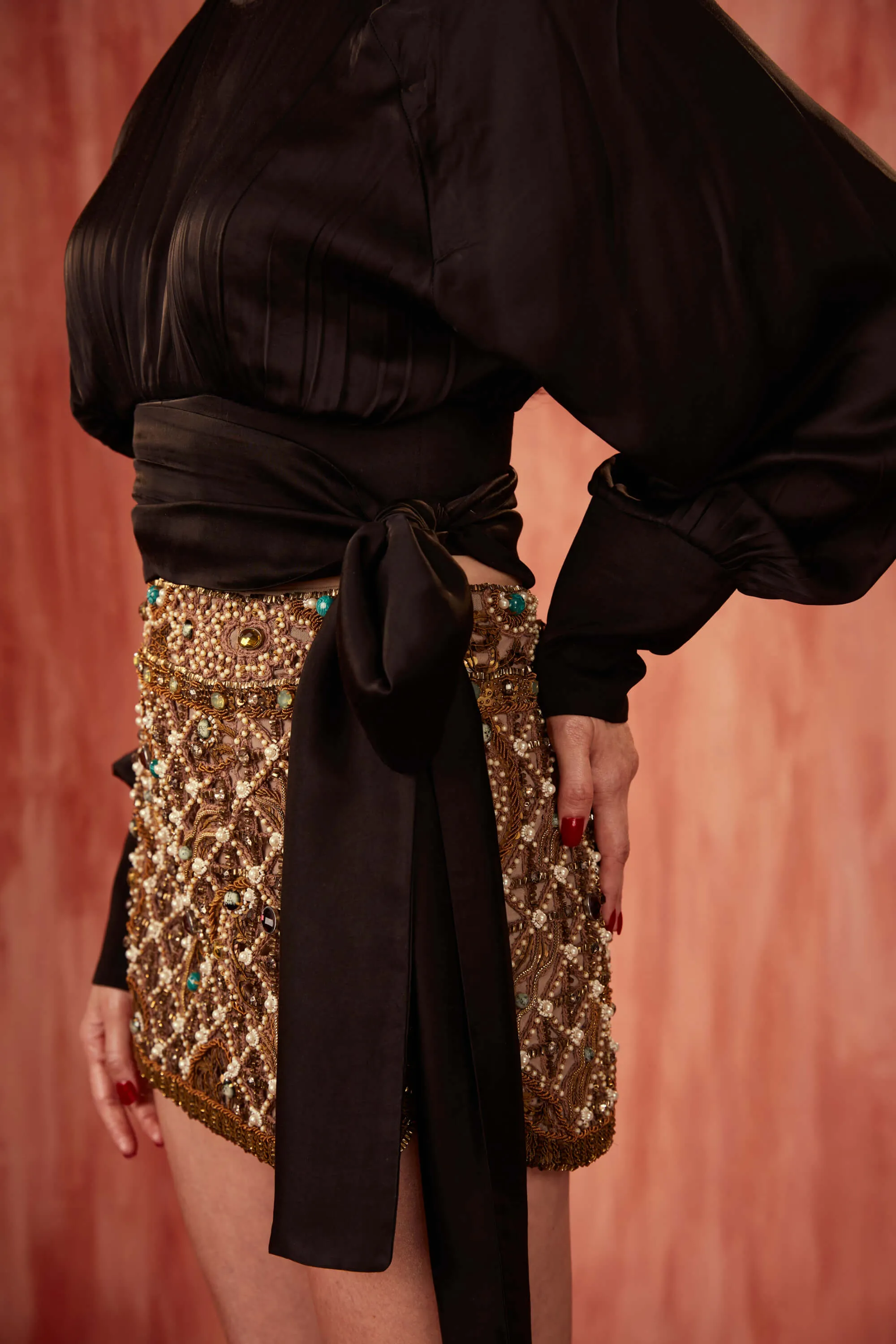Pearl jewelled cutwork skirt