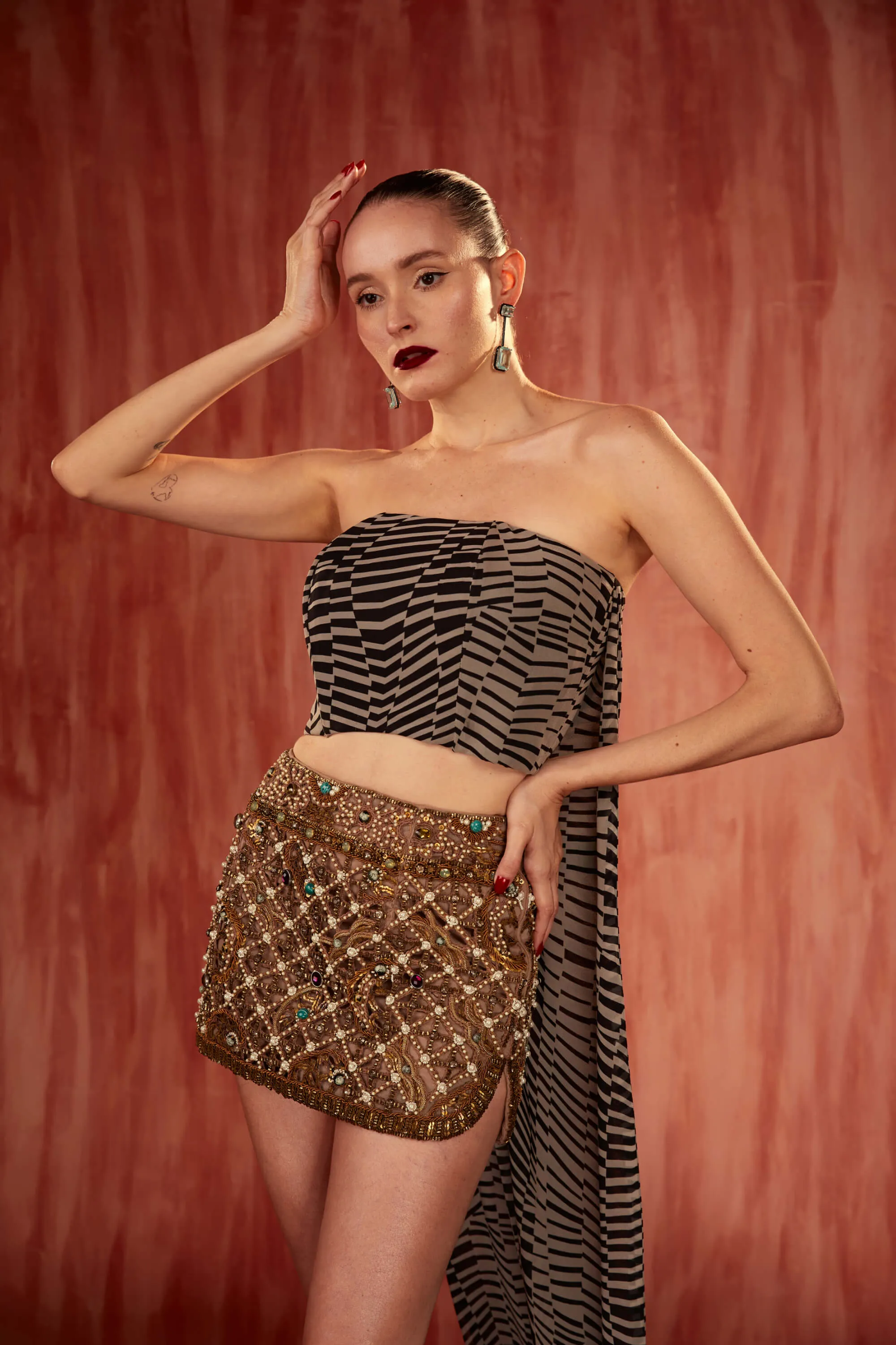 Pearl jewelled cutwork skirt