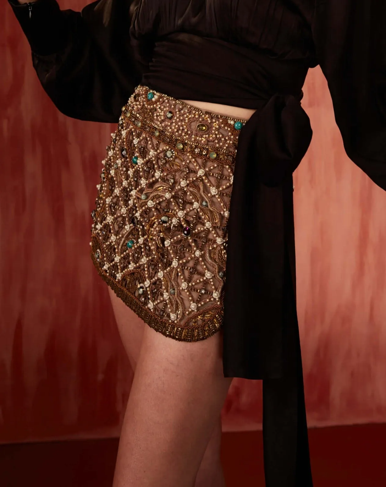 Pearl jewelled cutwork skirt