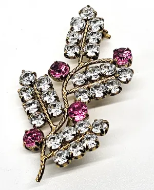 Pink and white gold toned vintage sparkling rhinestone spray brooch
