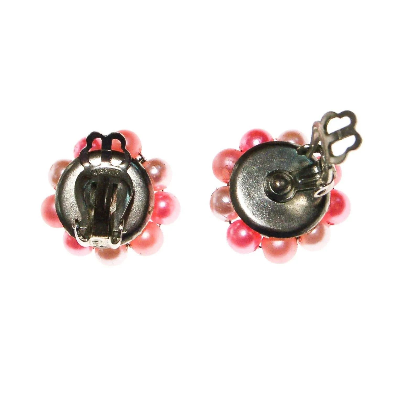 Pink Pearl Earrings, Cluster Style, Clip On Earrings, Pastel Pink Mid Century Modern, Old Hollywood Glam, Signed Japan
