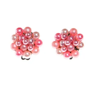 Pink Pearl Earrings, Cluster Style, Clip On Earrings, Pastel Pink Mid Century Modern, Old Hollywood Glam, Signed Japan