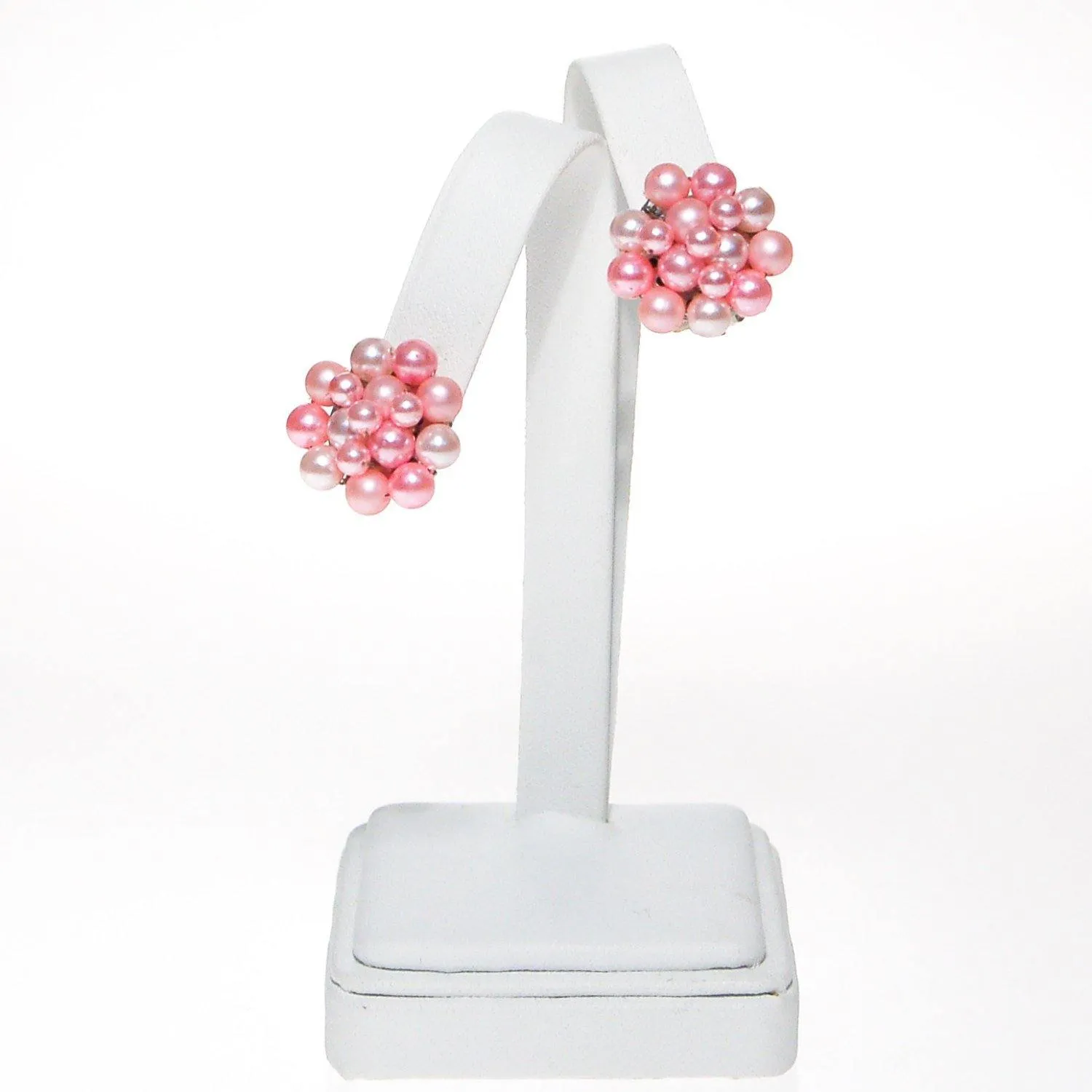 Pink Pearl Earrings, Cluster Style, Clip On Earrings, Pastel Pink Mid Century Modern, Old Hollywood Glam, Signed Japan