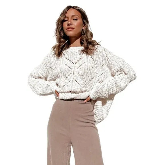 Plus Size White Balloon Sleeve Textured Knit Sweater