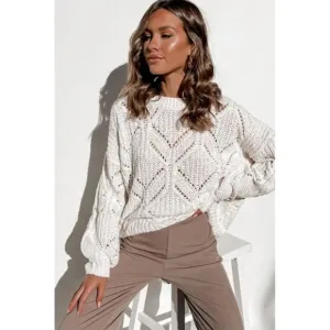 Plus Size White Balloon Sleeve Textured Knit Sweater