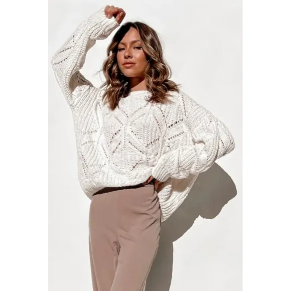 Plus Size White Balloon Sleeve Textured Knit Sweater