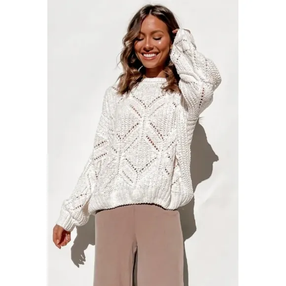 Plus Size White Balloon Sleeve Textured Knit Sweater