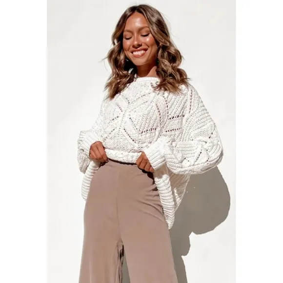Plus Size White Balloon Sleeve Textured Knit Sweater