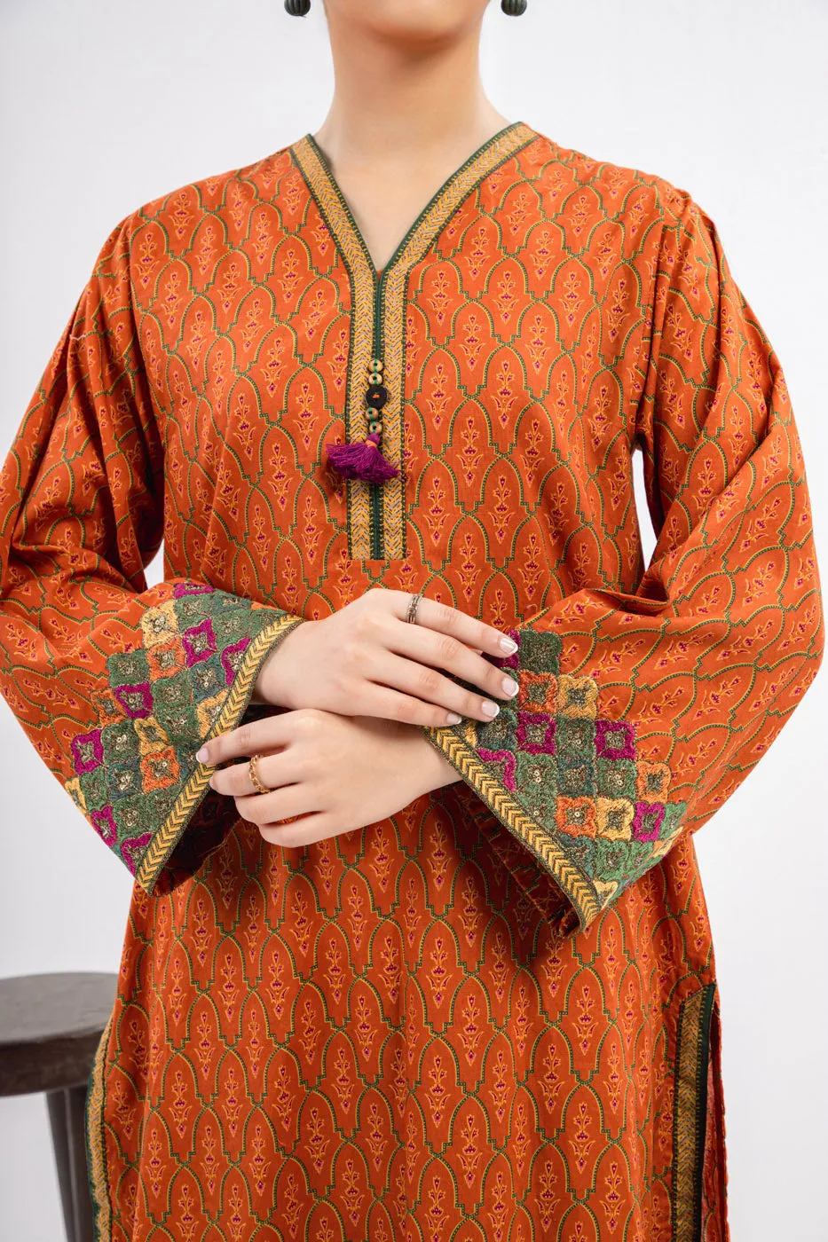 Printed Embroidered Silk Kurti