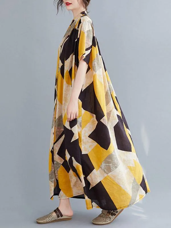 Printed Stand Collar Long Dress