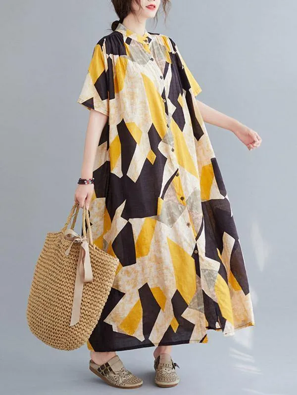 Printed Stand Collar Long Dress