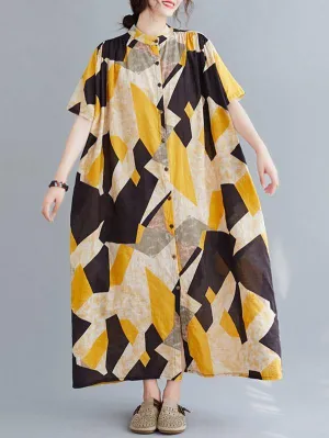 Printed Stand Collar Long Dress