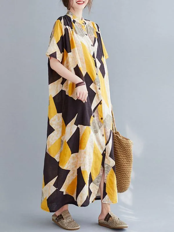 Printed Stand Collar Long Dress