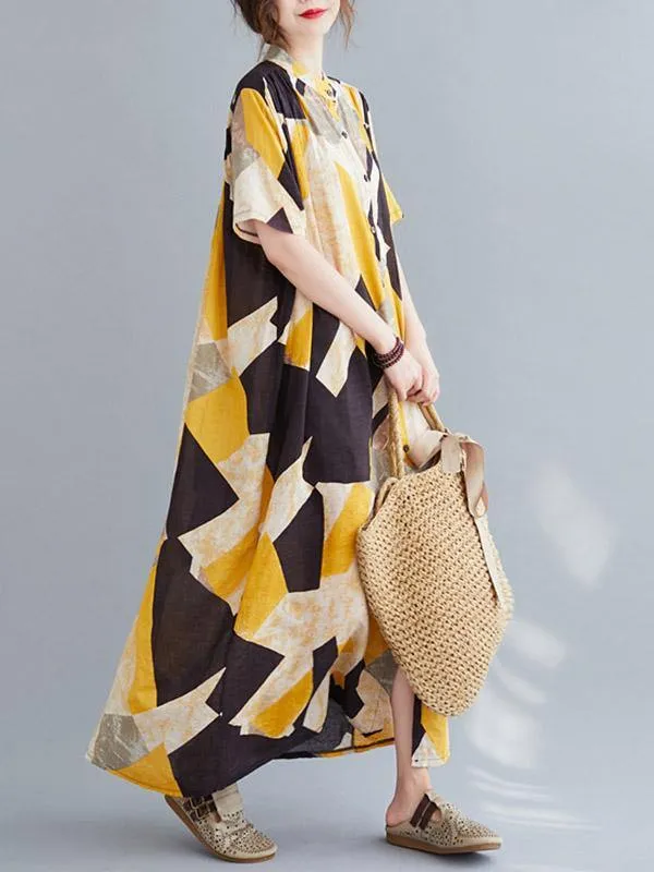 Printed Stand Collar Long Dress