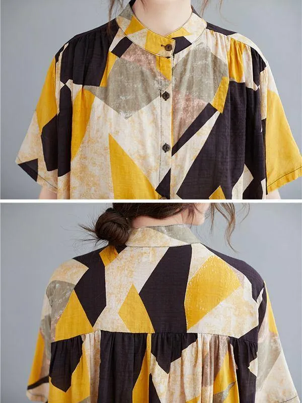 Printed Stand Collar Long Dress