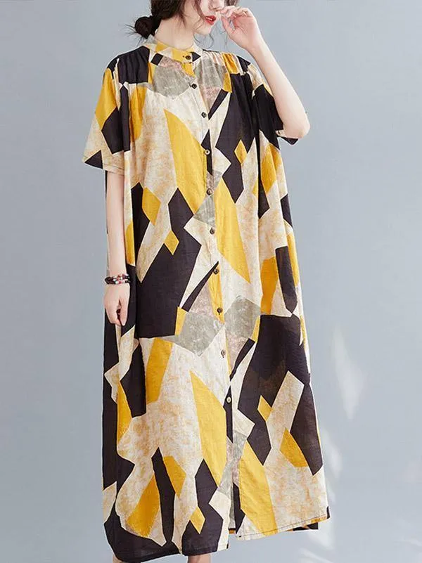 Printed Stand Collar Long Dress
