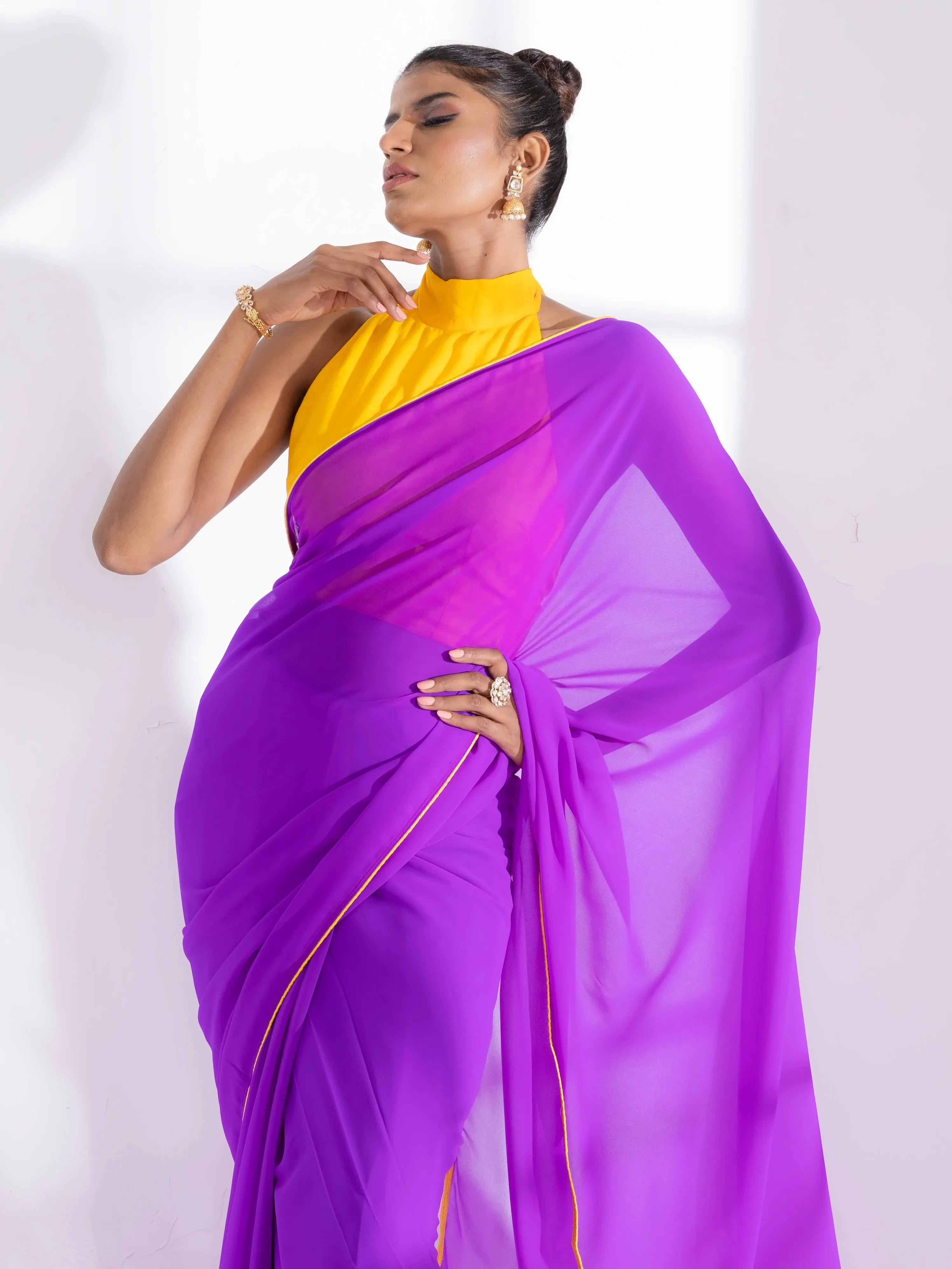 Purple Georgette Saree with Yellow Piping and Yellow Posh Blouse Fabric