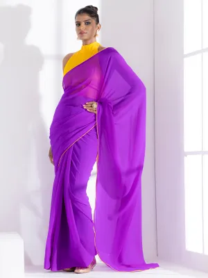 Purple Georgette Saree with Yellow Piping and Yellow Posh Blouse Fabric
