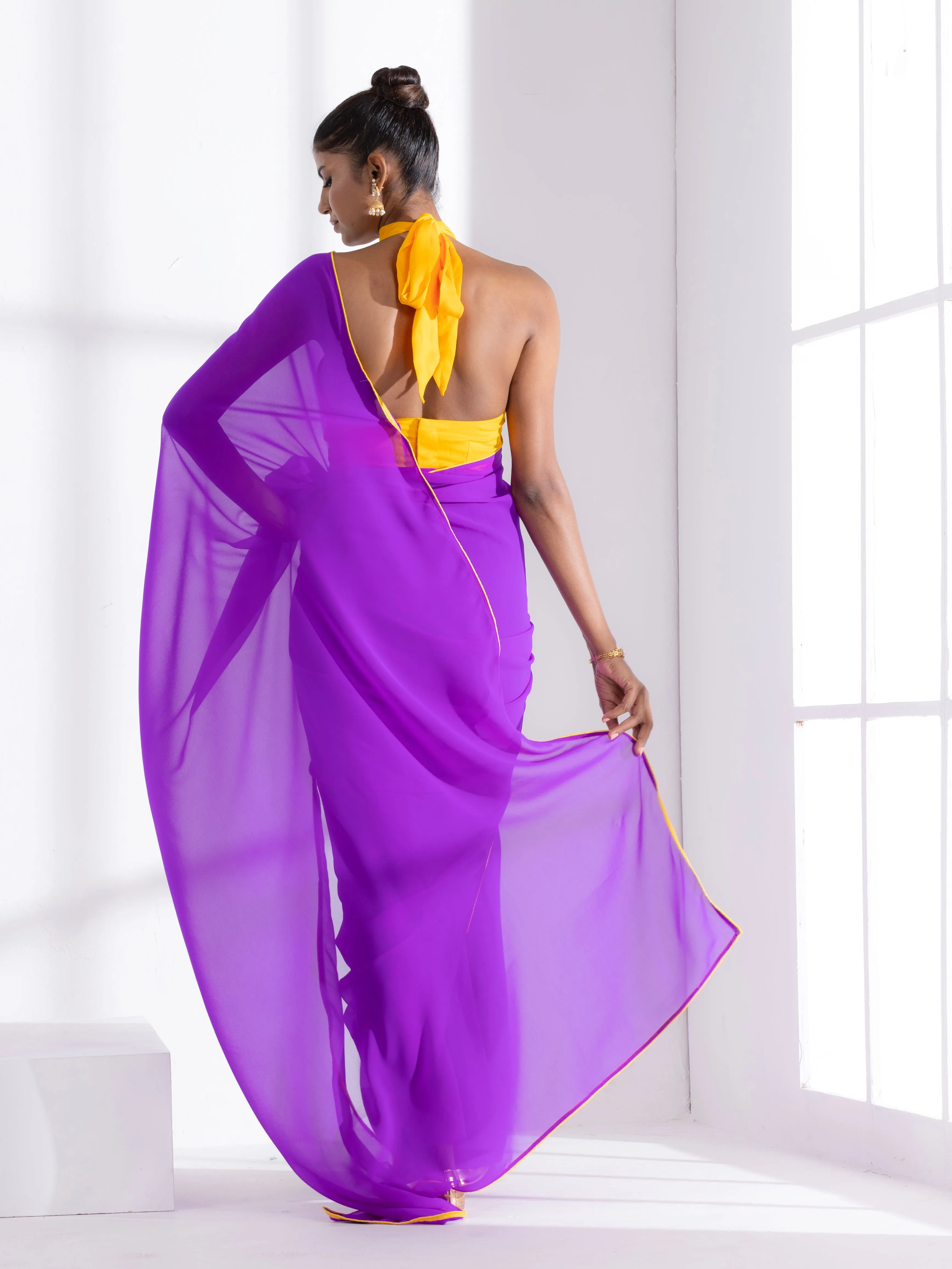 Purple Georgette Saree with Yellow Piping and Yellow Posh Blouse Fabric