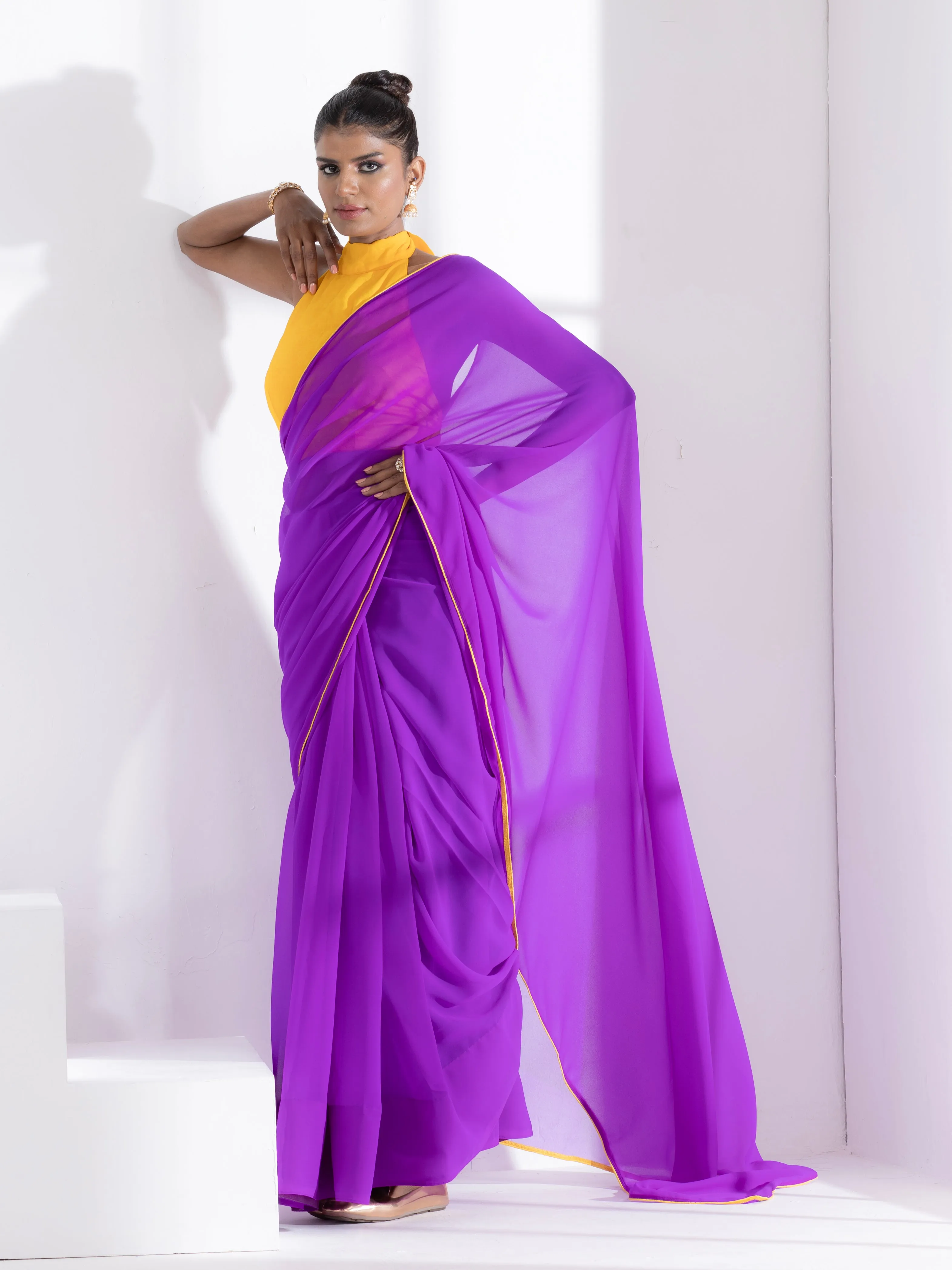 Purple Georgette Saree with Yellow Piping and Yellow Posh Blouse Fabric