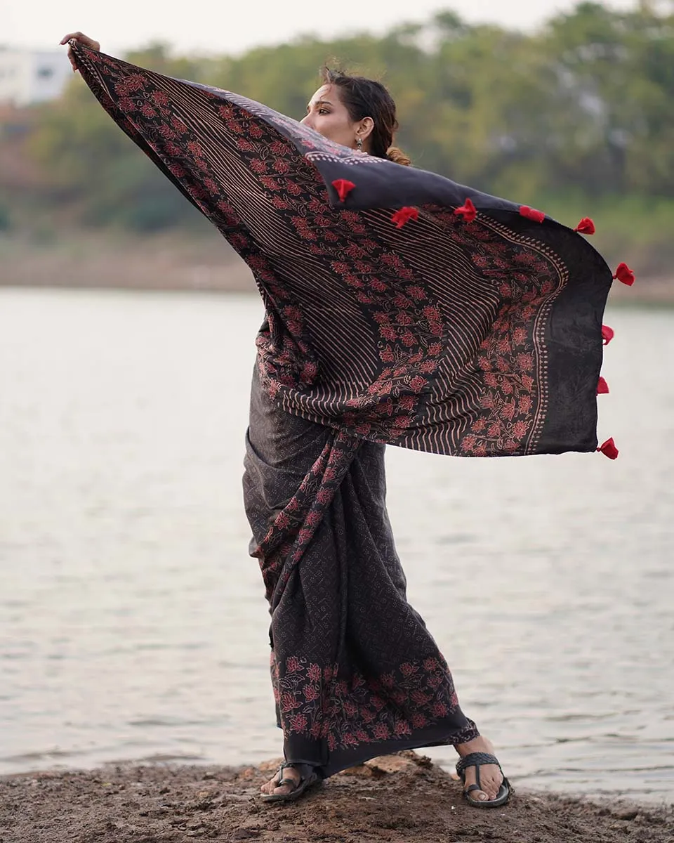 Rahi Blockprinted Modal Silk Saree - Jaisal