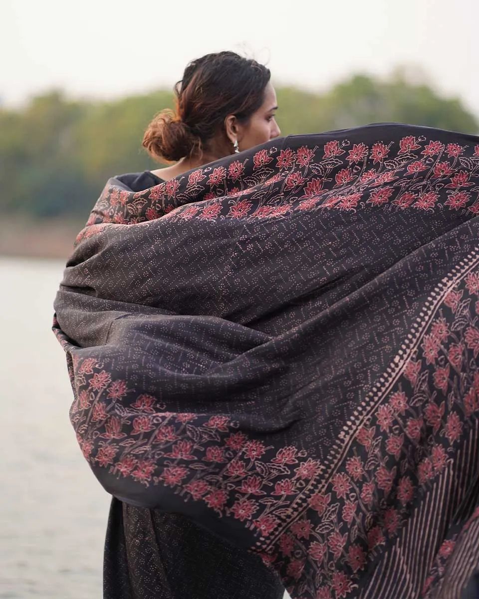 Rahi Blockprinted Modal Silk Saree - Jaisal