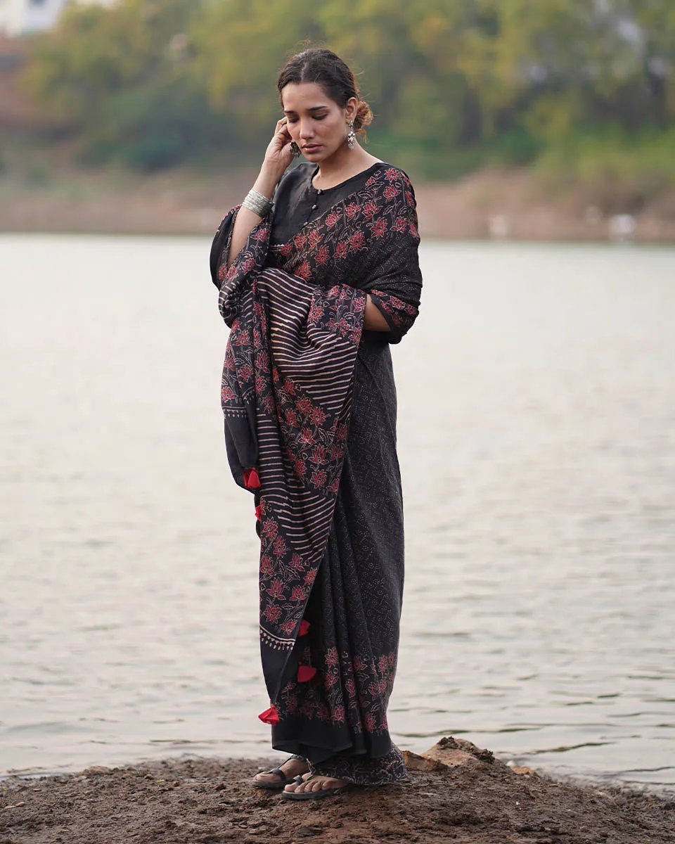Rahi Blockprinted Modal Silk Saree - Jaisal