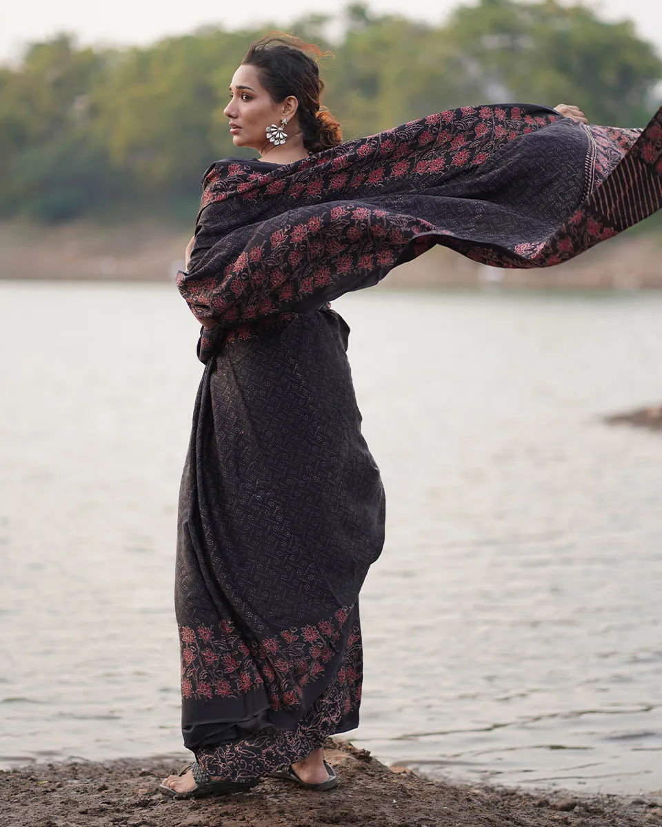 Rahi Blockprinted Modal Silk Saree - Jaisal