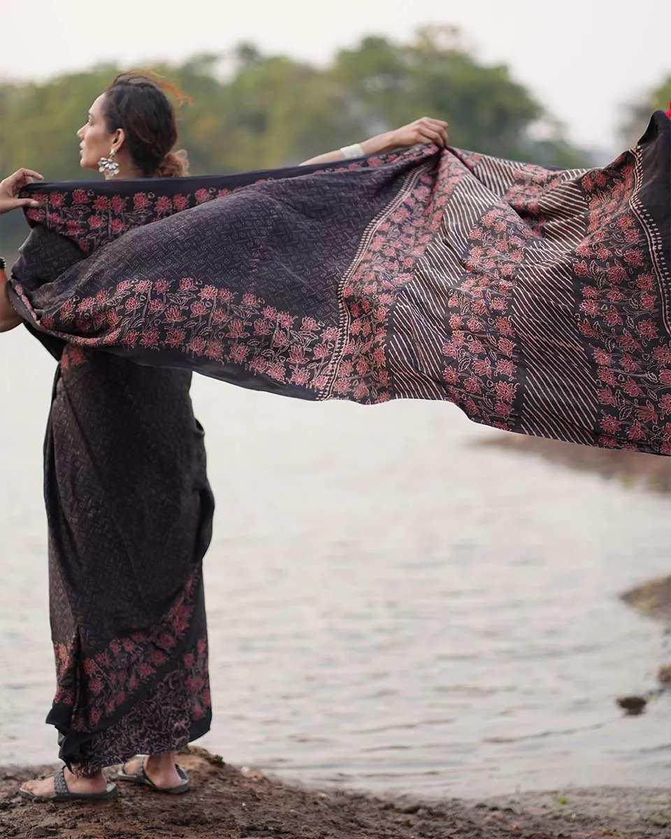 Rahi Blockprinted Modal Silk Saree - Jaisal