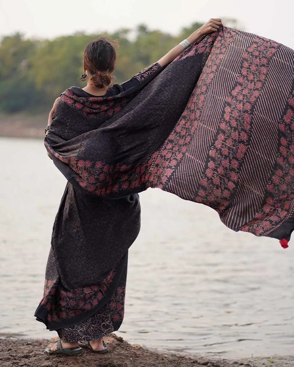 Rahi Blockprinted Modal Silk Saree - Jaisal