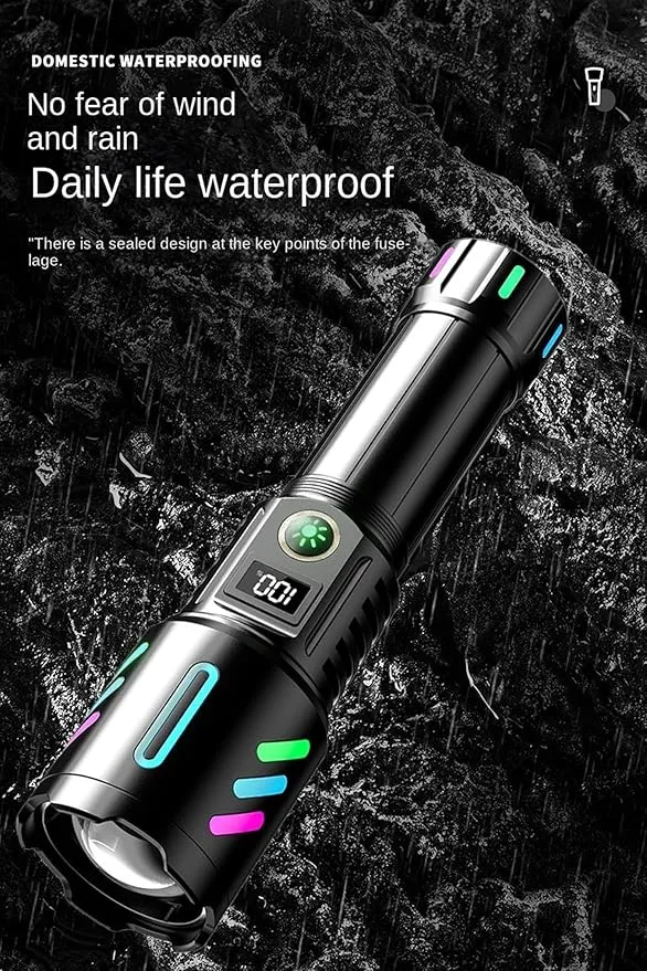 Rechargeable LED Flashlight, 2,000,000 Lumens, Tactical, 5 Modes, Zoomable, IP67 Waterproof, for Camping/Home