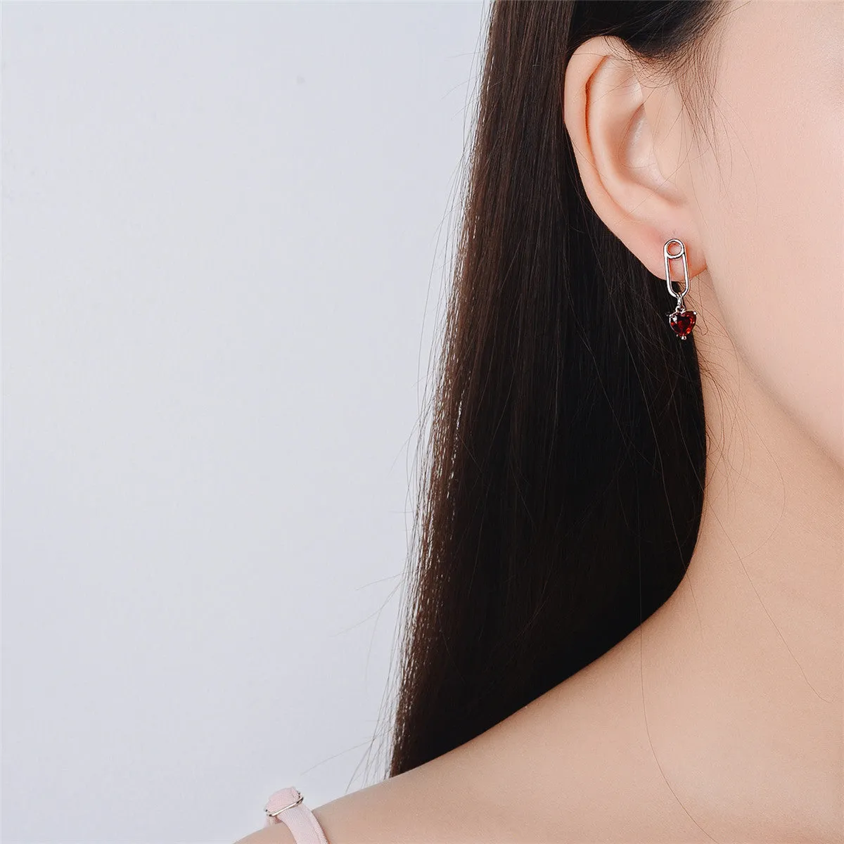 Red Crystal & Silver-Plated Heart Pin Drop Earrings