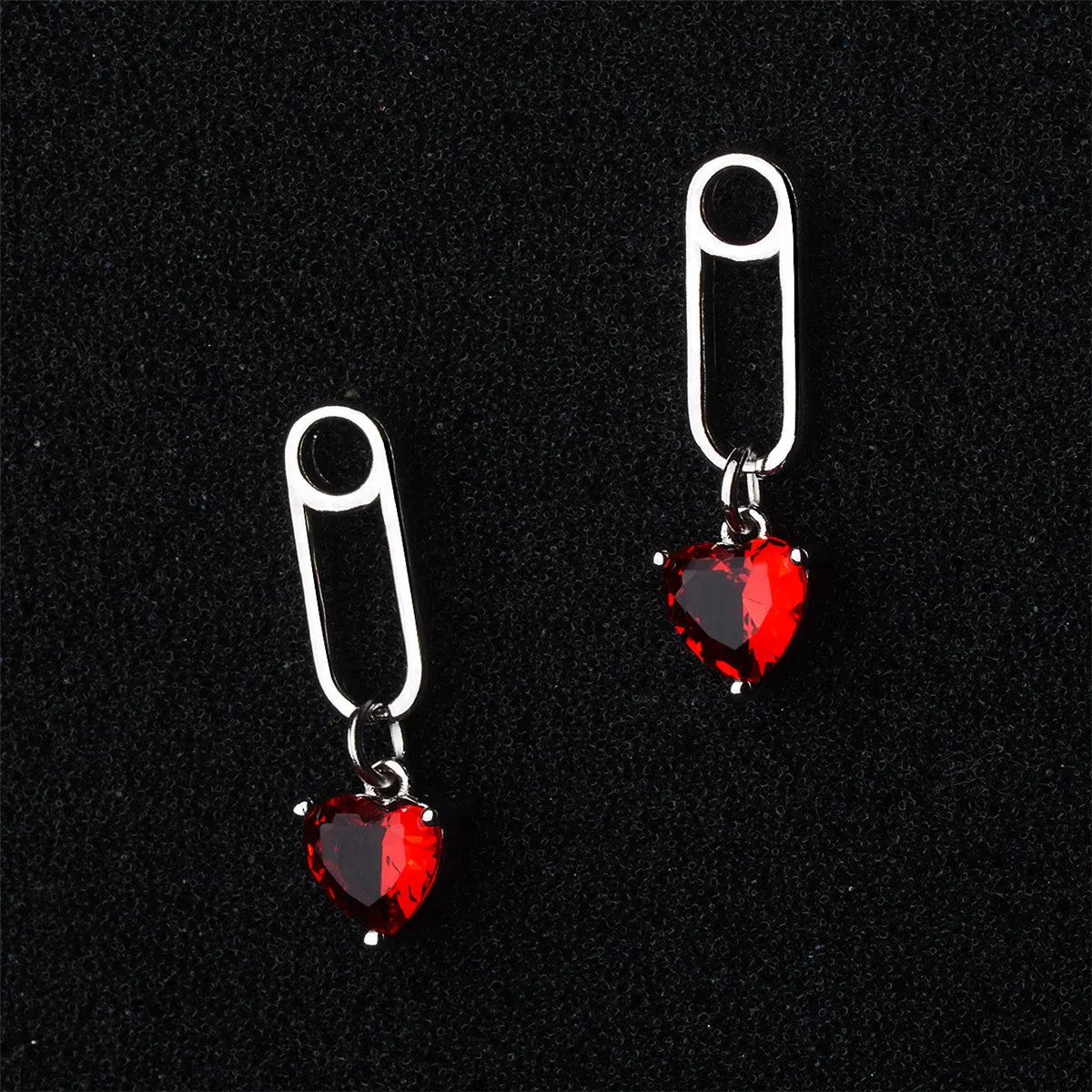 Red Crystal & Silver-Plated Heart Pin Drop Earrings