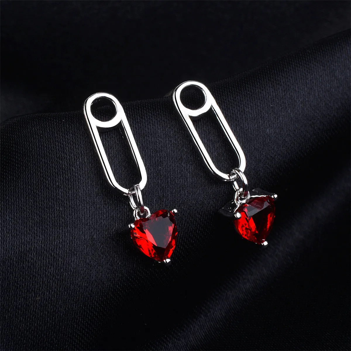 Red Crystal & Silver-Plated Heart Pin Drop Earrings