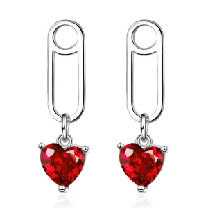 Red Crystal & Silver-Plated Heart Pin Drop Earrings