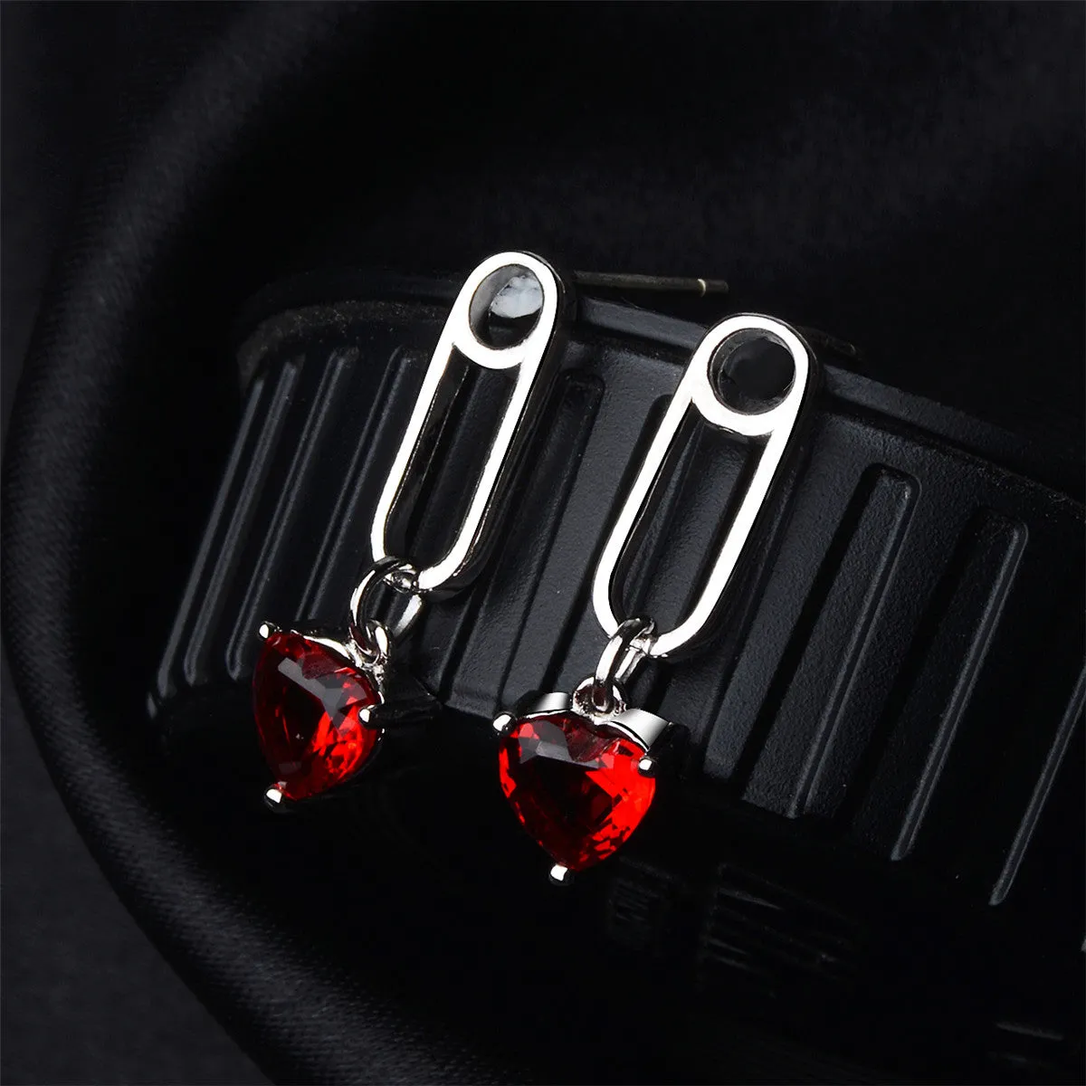 Red Crystal & Silver-Plated Heart Pin Drop Earrings