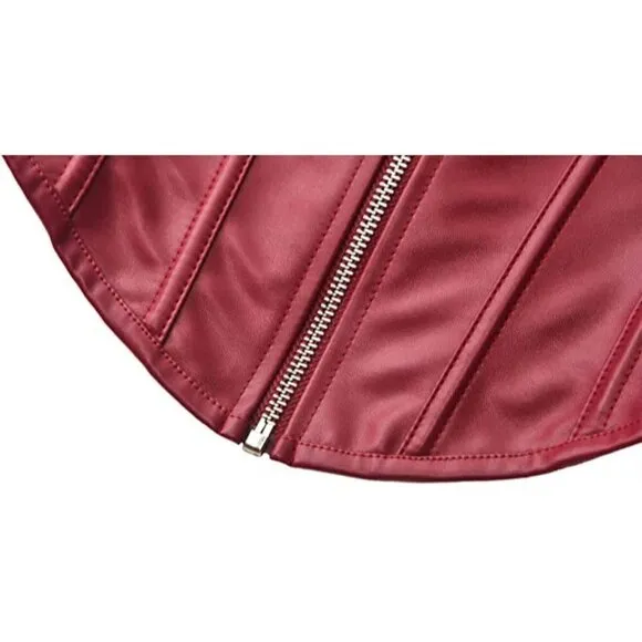 RED leather sexy zipper front bustier corset top bondage cosplay FUN costume NWT