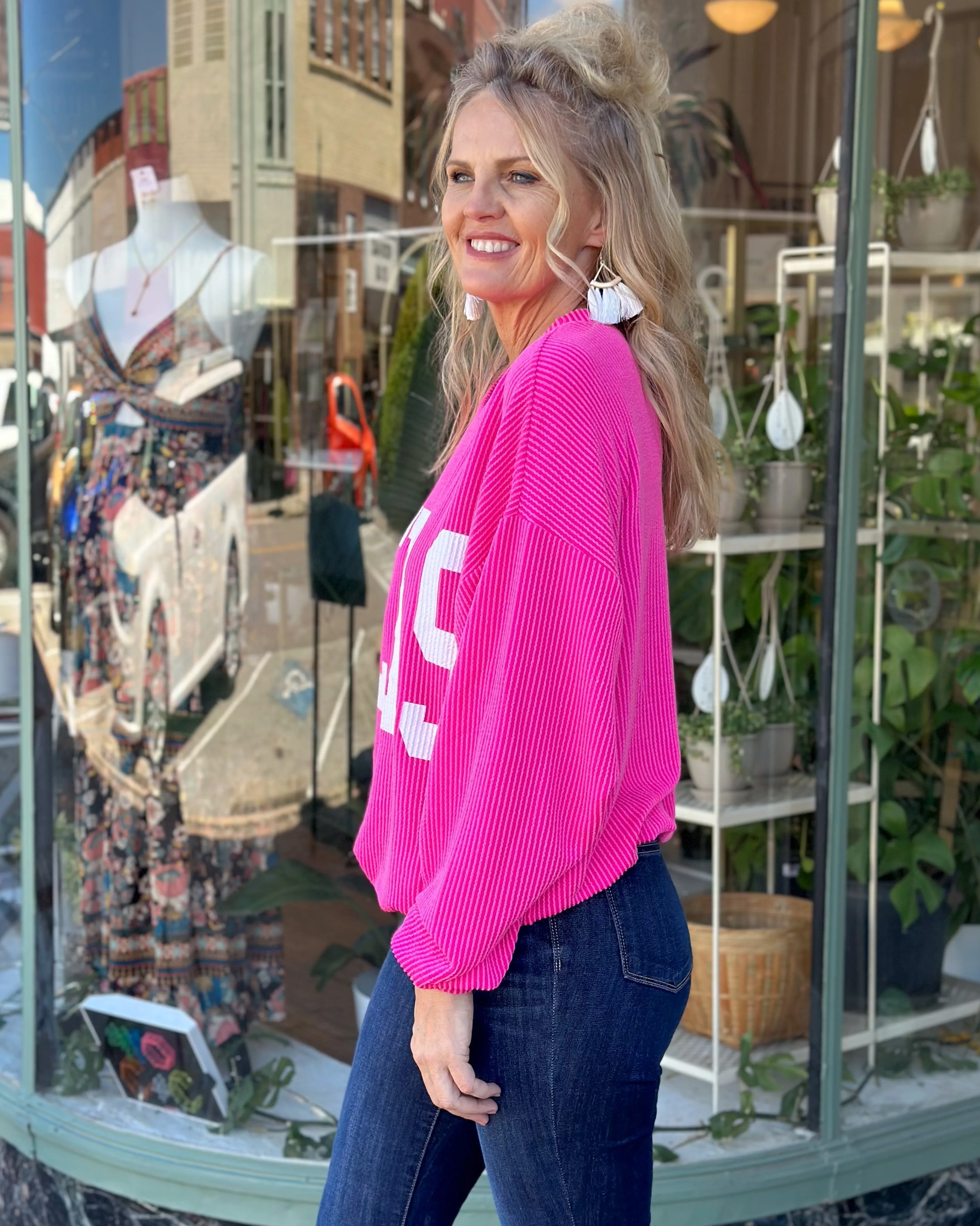 RESTOCKED - TEXAS RIB CORD SWEATSHIRT - FUCHSIA