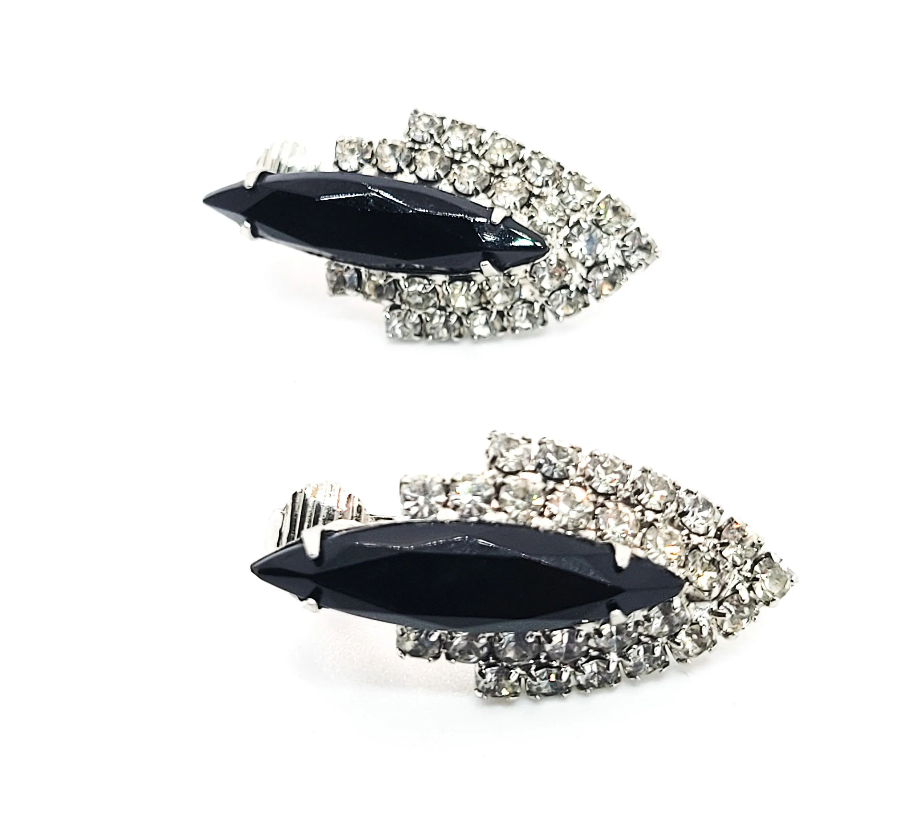 Retro Black and white large Navette vintage rhinestone clip on earrings