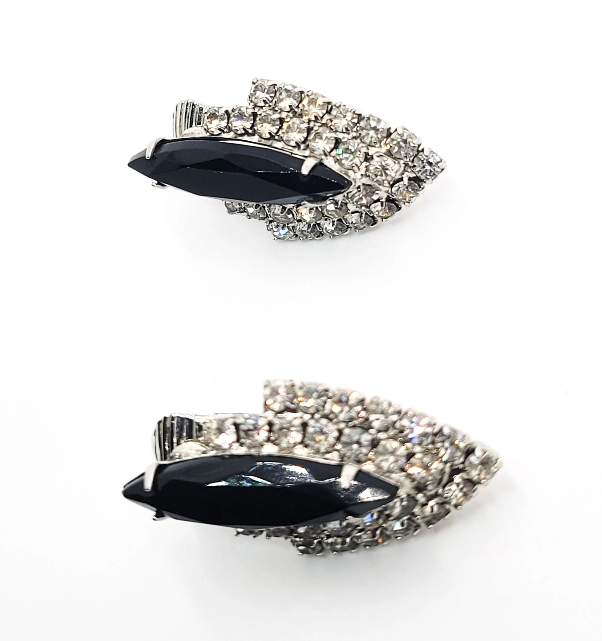 Retro Black and white large Navette vintage rhinestone clip on earrings