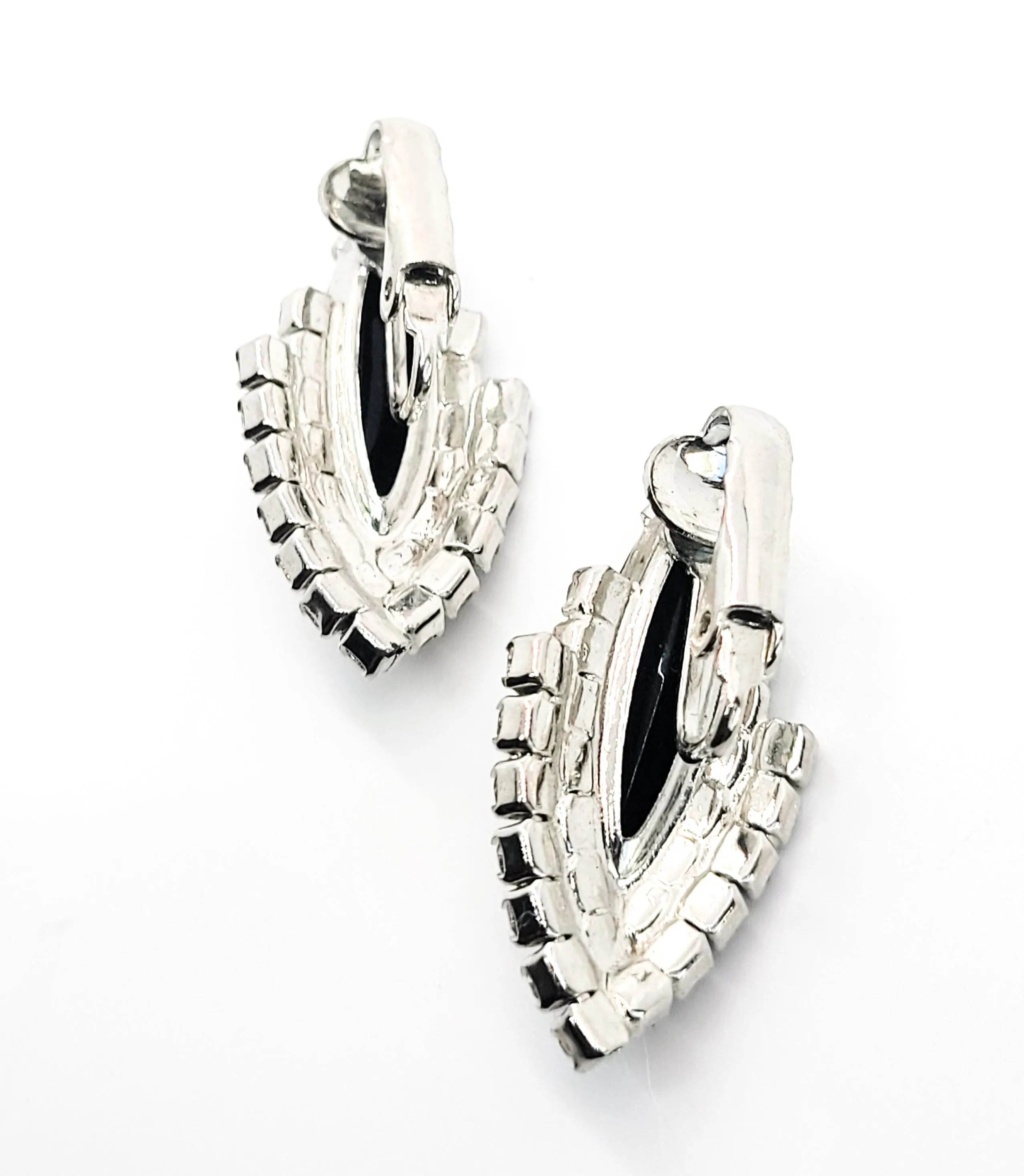 Retro Black and white large Navette vintage rhinestone clip on earrings