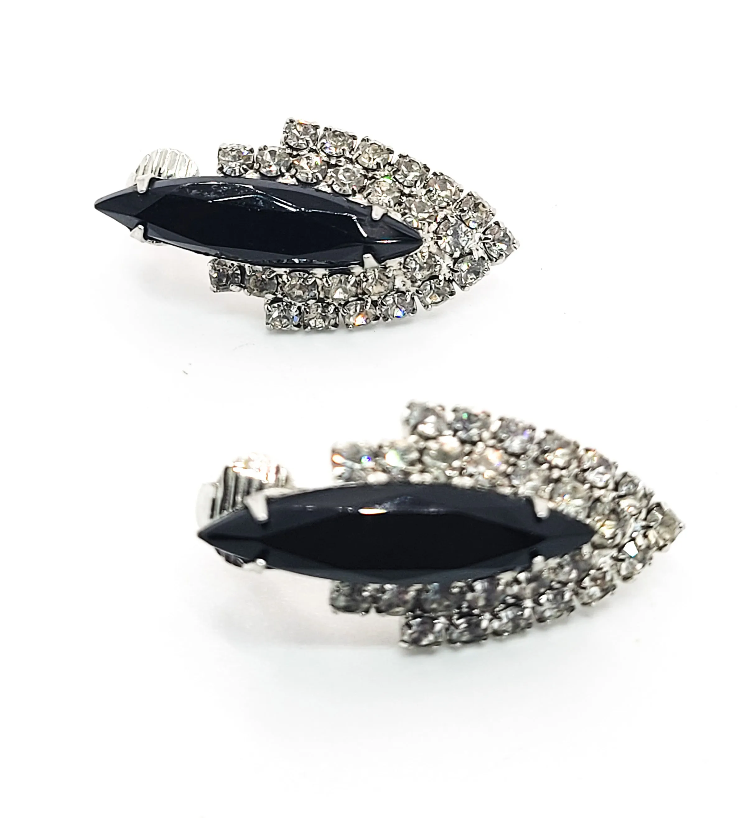 Retro Black and white large Navette vintage rhinestone clip on earrings