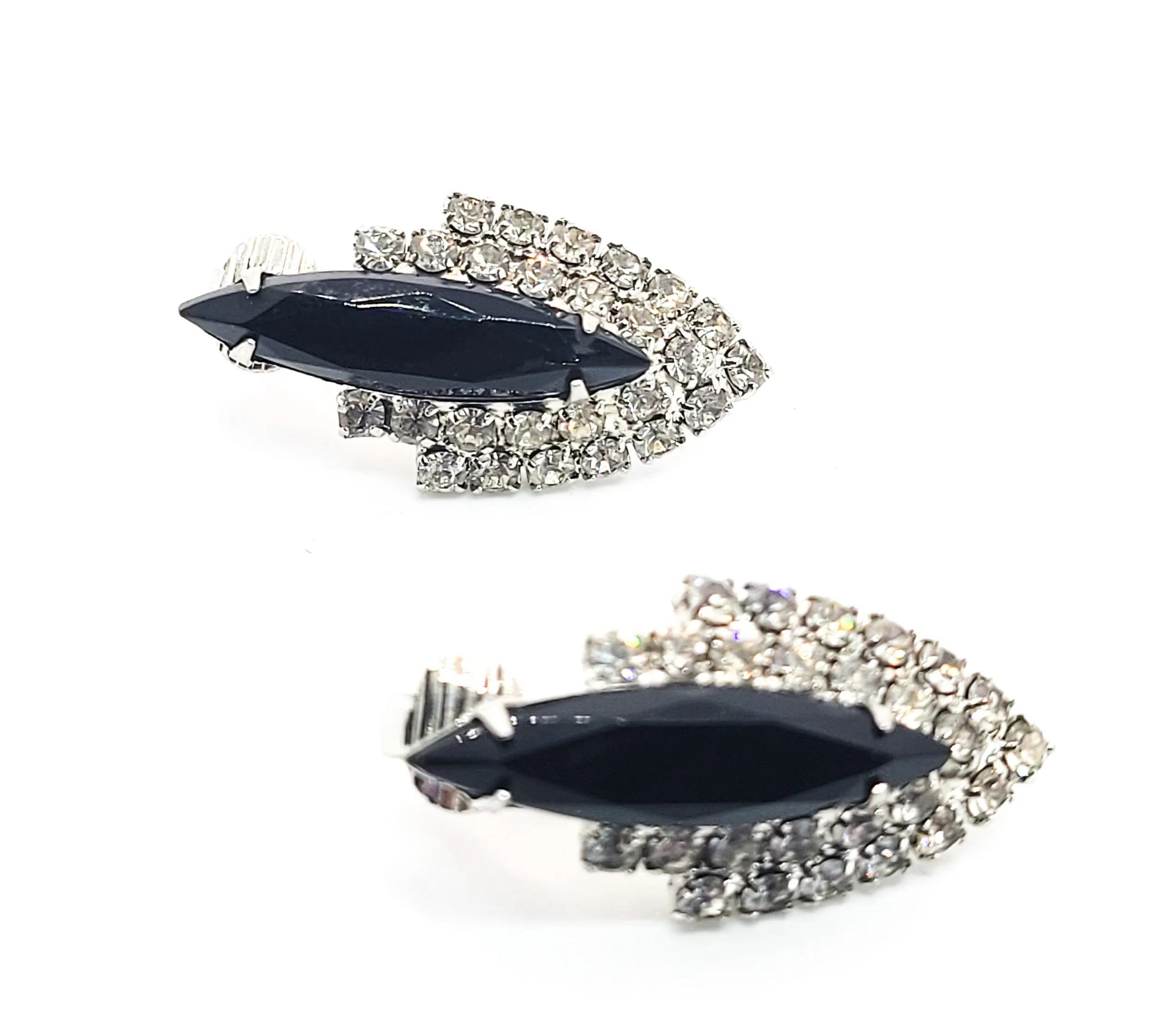 Retro Black and white large Navette vintage rhinestone clip on earrings