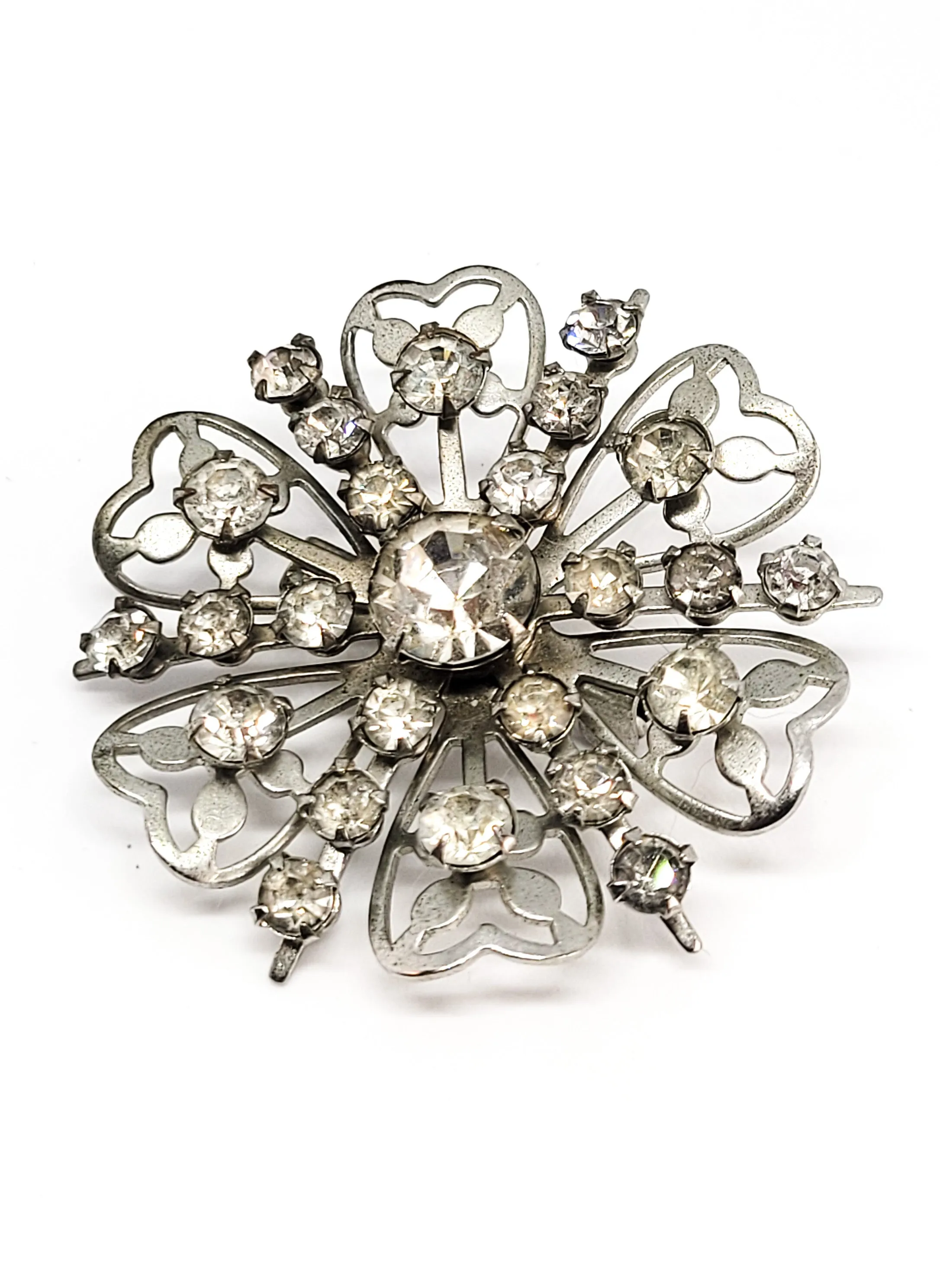 Retro mid century clear silver rhinestone flower brooch
