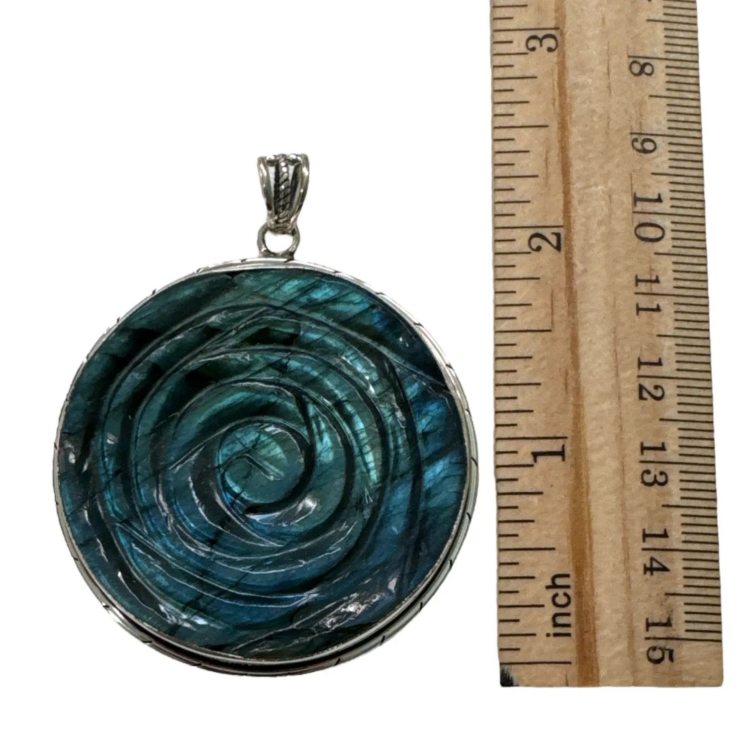 ROSE Carved Labradorite Solid 925 Sterling Silver Pendant